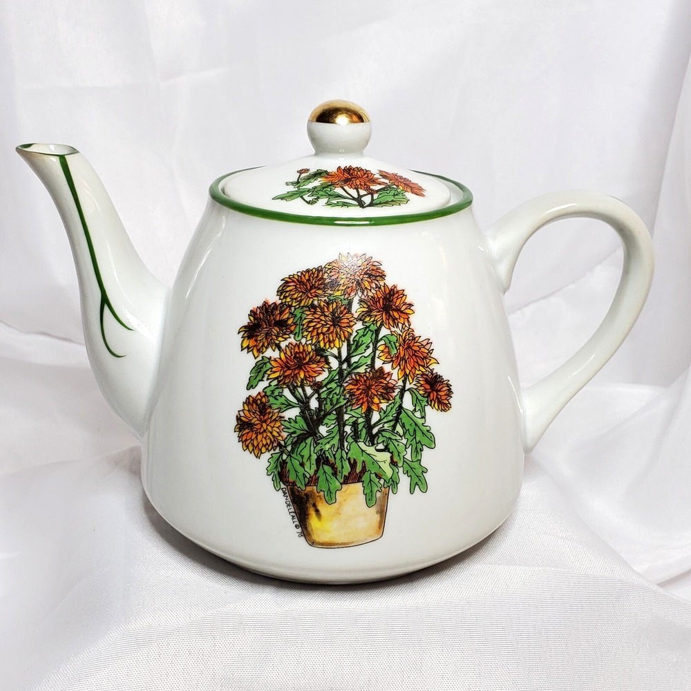 Vintage Enesco Teapot Chrysanthemum Flowers Rustic Kitchen Farmhouse Fall